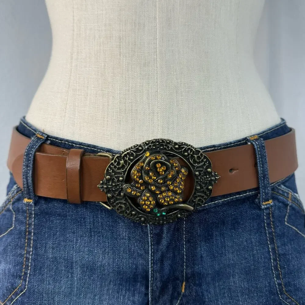 Brown Leather Belt Statement Rose Rhinestone Buckle Medium